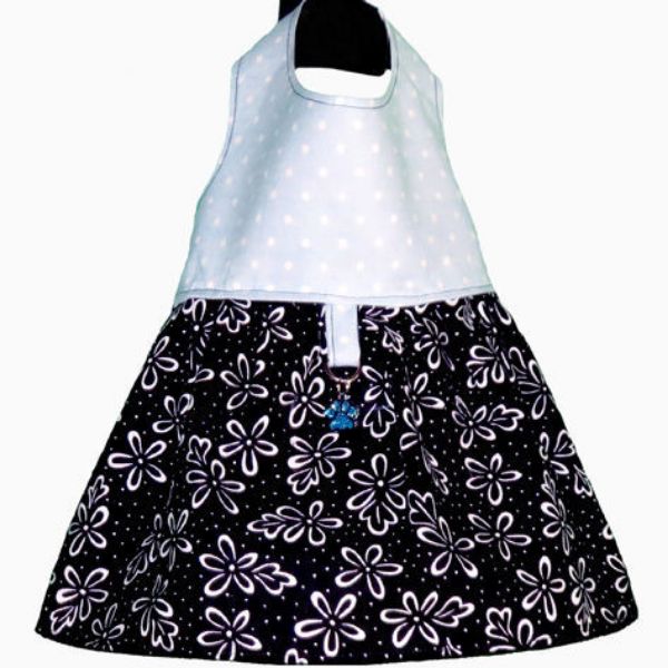 Image sur Robe Canine - Noir floral/Petits pois sur bleu